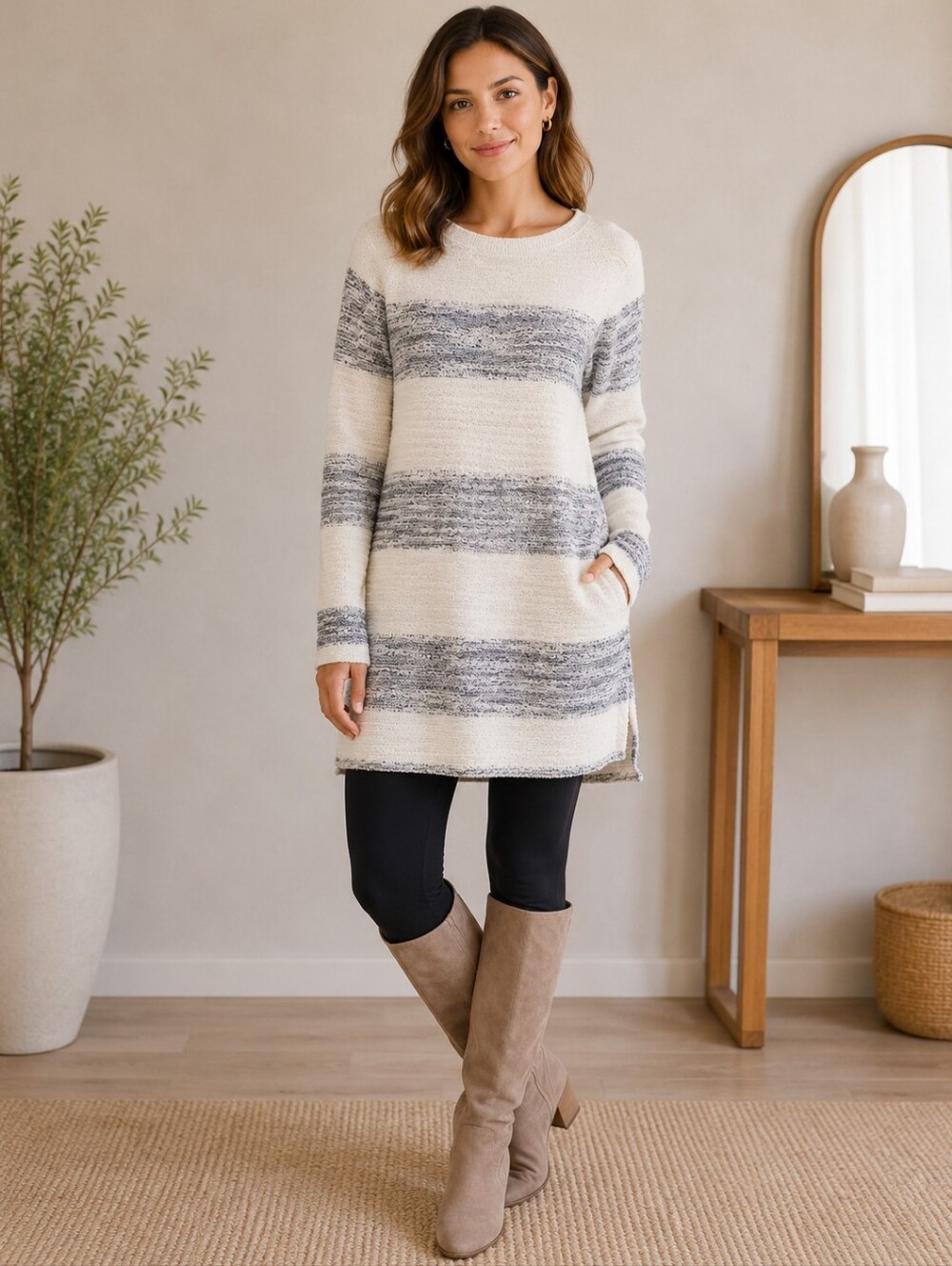 Vintage Calvin Klein Striped Cream & Navy Women’s Sweater Size Sm